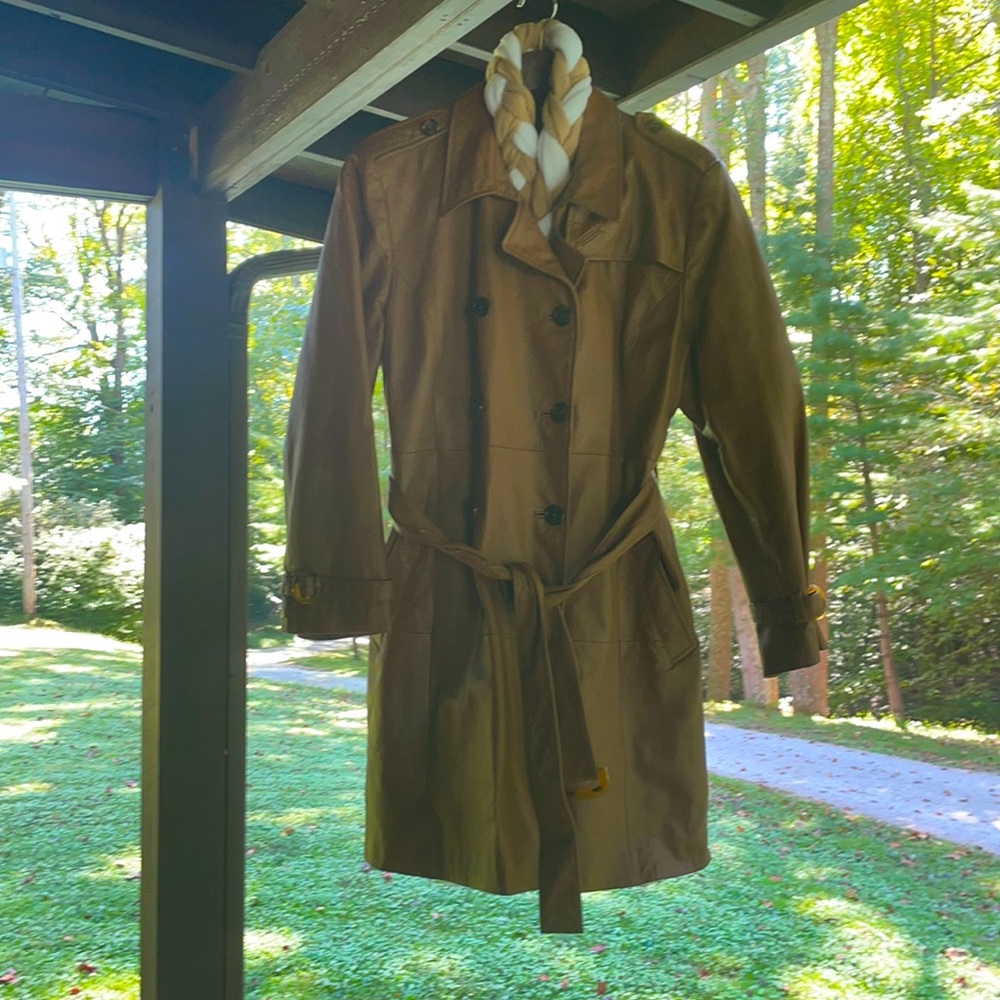 Genuine Leather Tan long trench coat  like jacket Size L